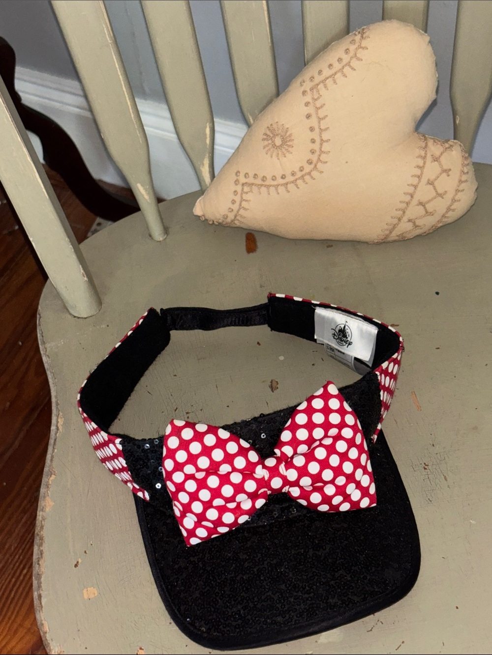 Disney parks Fa BOW Lous. Black Visor with Red and White Polka Dot Bow